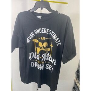 Old‎ Man With A Drum Set Graphic Tee Black Cotton Short Sleeve Shirt Large